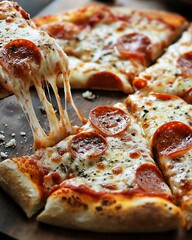 A slice of pepperoni pizza with melted cheese being pulled away from the rest of the pizza on a wooden board.