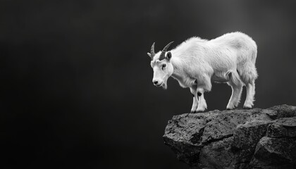 Majestic mountain goat standing on a jagged rocky cliff, captured in black and white, dramatic contrast of rugged textures, symbol of resilience and strength in the wild