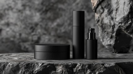 Elegant black cosmetic packaging displayed on a textured stone surface in natural light, showcasing minimalist design and modern aesthetics