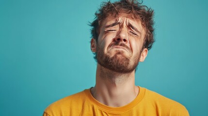 Naklejka premium Sad man crying with tears in eye on blue background. Teardrop on face. Drama, depression concept