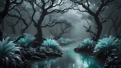 Mysterious dark forest with twisted trees and glowing blue plants, a tranquil stream reflecting the eerie ambiance of the foggy, ethereal landscape