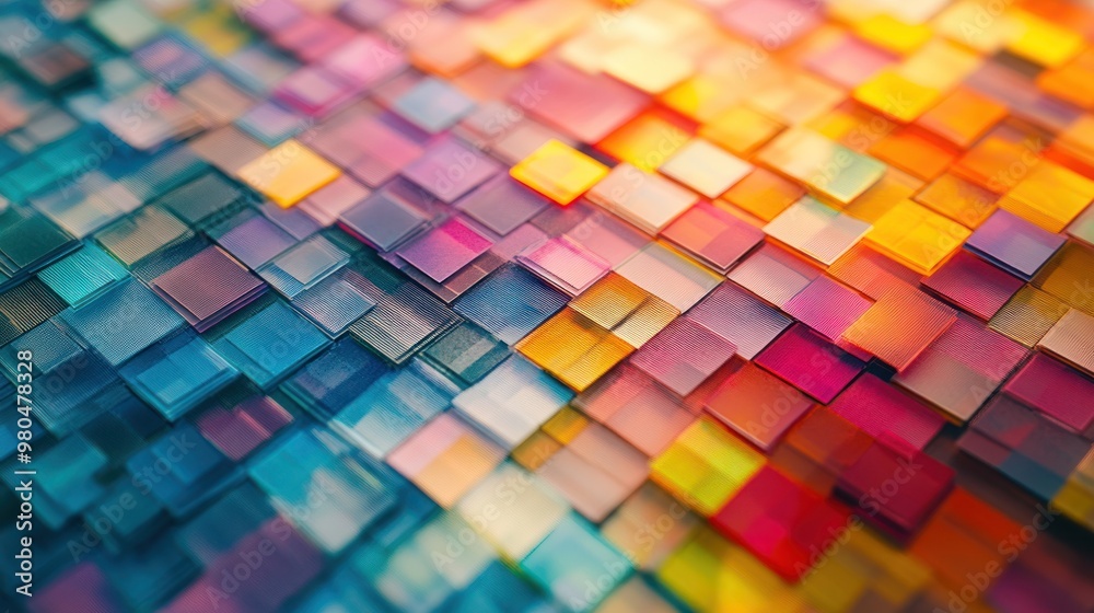 Poster abstract digital pattern with pixelated squares in a spectrum of colors close-up photo with clean ba