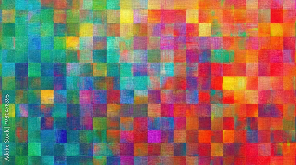 Poster abstract digital pattern with pixelated squares in a spectrum of colors close-up photo with clean ba