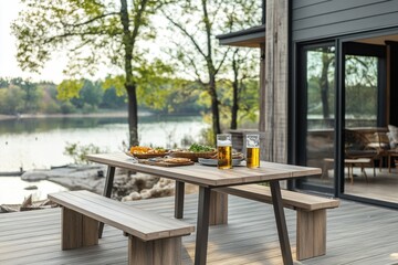 A wooden picnic table with a bench and a glass of beer on it