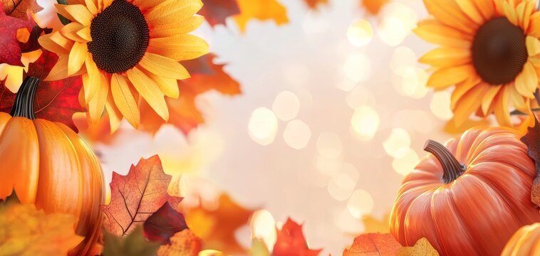 Thanksgiving sign in a colorful autumn setting, pumpkins, sunflowers, and vibrant leaves, soft sunlight and bokeh lights in the background, celebrating the harvest season
