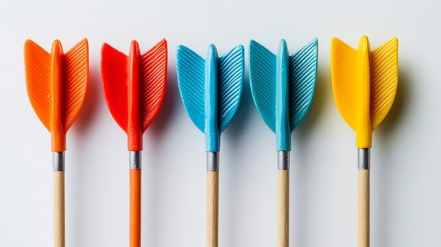 A vibrant arrangement of colorful darts displayed against a simple, plain background