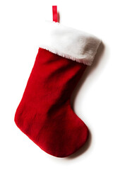 Isolated red Christmas stocking on a white backdrop