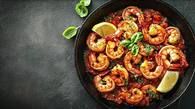 Moqueca fish and shrimp, a traditional dish of Brazilian cuisine. Stewed fish with shrimps, cooked in a delicious rich and aromatic broth. On a dark background