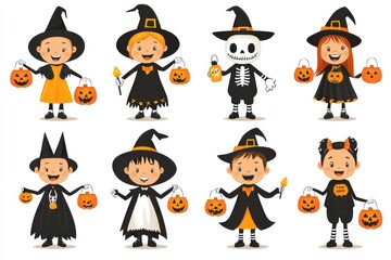 Group of children in Halloween costumes with pumpkins