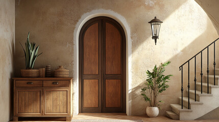 Boho style interior design of modern entrance hall with door,  living room with sofa Interior wall shelf with door mockup.