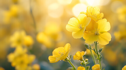Obraz premium Close-up of bright yellow wildflowers bathed in warm sunlight.