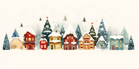 Charming Christmas village scene in watercolor, showcasing cozy holiday buildings on a clean white backdrop