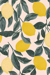 lemon with leaves pattern on plain light pink pastel background