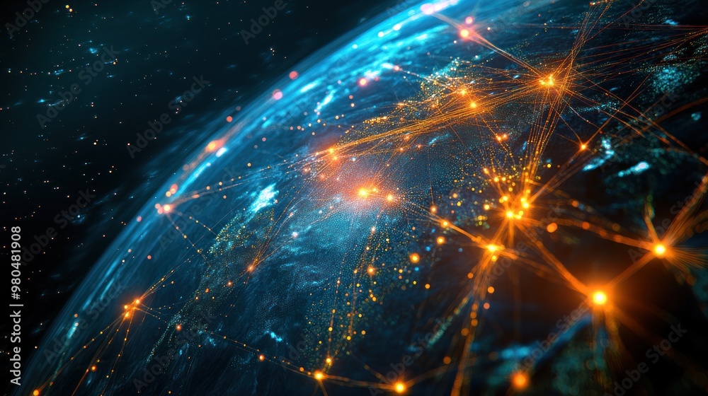 Poster abstract representation of a global network with glowing lines and dots connecting different regions
