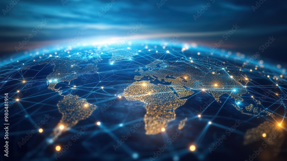 Poster abstract representation of a global network with glowing lines and dots connecting different regions