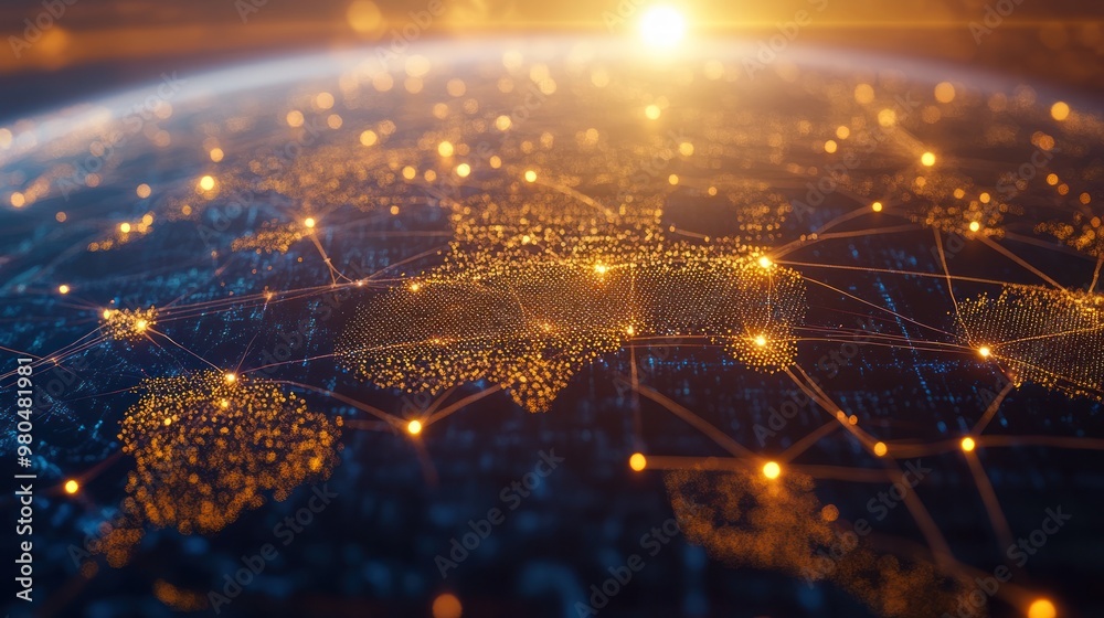 Poster abstract representation of a global network with glowing lines and dots connecting different regions