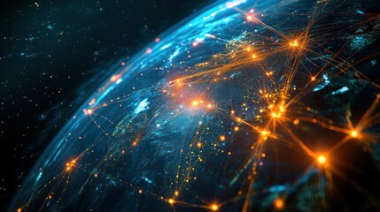 Obraz premium Abstract representation of a global network with glowing lines and dots connecting different regions around the world, symbolizing connectivity and communication across borders