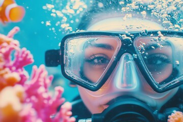 scuba diver in close-up, with vibrant coral reefs and tropical fish in the background, bubbles rising from the diver's mask as they explore underwater