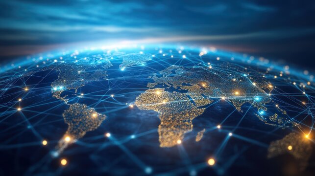 Abstract representation of a global network with glowing lines and dots connecting different regions around the world, symbolizing connectivity and communication across borders