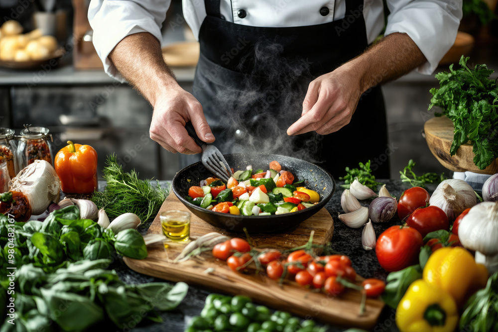 Wall mural in the restaurant, a professional male chef prepares a signature salad, adds ingredients, special sa