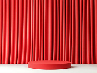 3d Mock up Velvet red podium with theater curtains and spotlight Pedestal stage for luxury fashion presentation Dramatic scene for advertising Sale promotion background