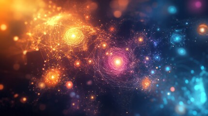 Fototapeta premium Abstract visualization of quantum entanglement with interconnected particles in a cosmic landscape, 