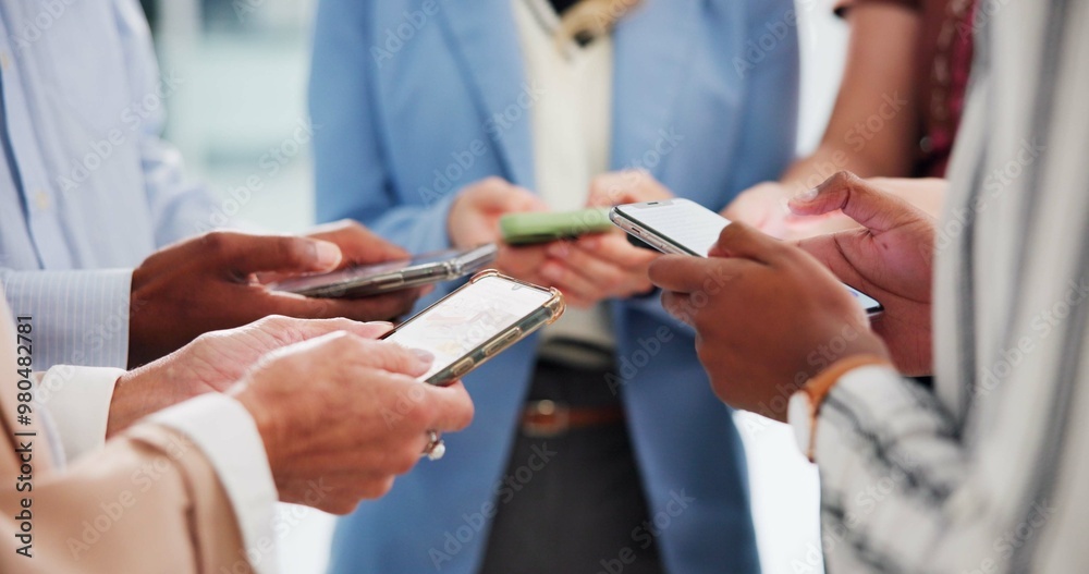 Aufkleber Business people, phone and hands for group networking in office for global connection and team chat. Technology, professional employees and smartphone for internet website and diverse community app