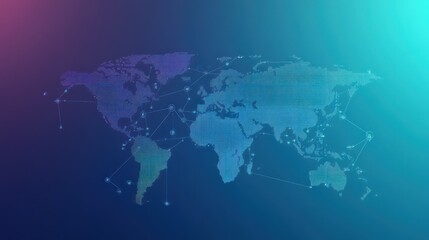 Abstract world map with dotted lines connecting major cities across continents on a vibrant blue gradient background representing global communication