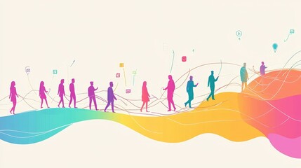 Obraz premium Colorful Silhouettes of People Walking with Abstract Digital Connections on a Gradient Background
