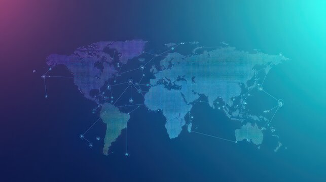 Abstract world map with dotted lines connecting major cities across continents on a vibrant blue gradient background representing global communication