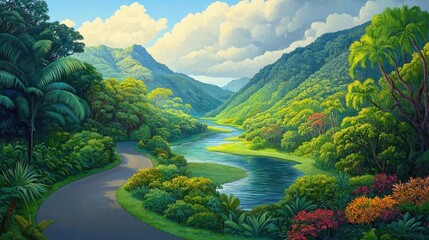 High-angle view of a lush rainforest with winding river