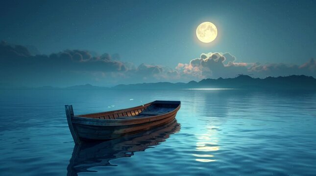 A wooden boat floating on a calm, quiet ocean under a clear sky with a serene and peaceful ambiance
 Seamless looping 4k time-lapse virtual video animation Generated AI