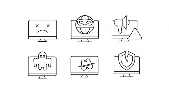 Malware types animation set. Pc hacking animated line icons. Phishing scam, internet privacy. Rootkit, spyware. Black illustrations on white background. HD video with alpha channel. Motion graphic