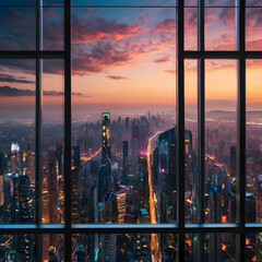 Dreamy and vibrant futuristic city landscape centered window view