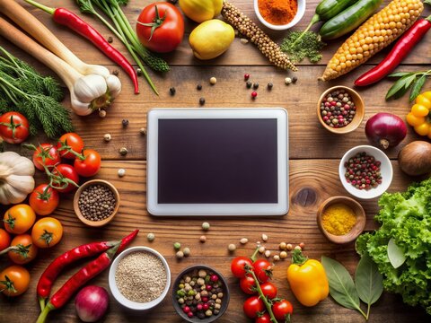 Fresh food ingredients including vegetables, fruits, and spices scattered around a wooden table with a blank tablet screen awaiting recipe editing and creation.