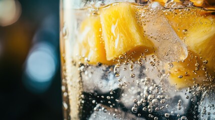 Refreshing Close-Up of Pineapple Soda with Ice Cubes and Bubbles in a Glass