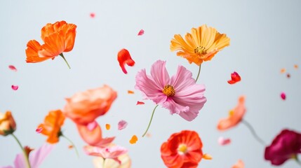 Bright and colorful flowers scattering through the air, caught mid-motion with petals drifting gracefully, set against a crisp, clean background Close-up photo with clean background