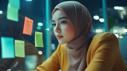 Naklejka premium A beautiful Malay woman wearing a hijab is writing notes