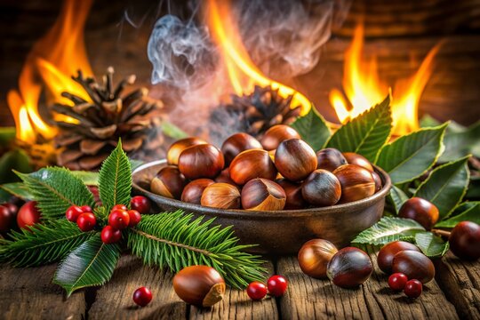 Golden chestnuts roast on an open flame, smoke rising, surrounded by festive holly and evergreen, evoking cozy winter holiday memories in the American heartland.