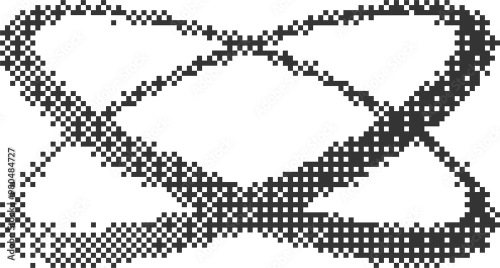 Poster Bitmap pattern abstract cosmic shape with orbits and stars. Halftone gradient element. Graphic abstract icon. Dither noisy grunge texture.