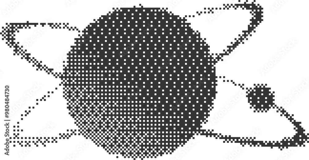 Poster Bitmap pattern abstract cosmic shape. Planets with orbits. Halftone gradient element. Graphic abstract icons. Dither noisy grunge texture.