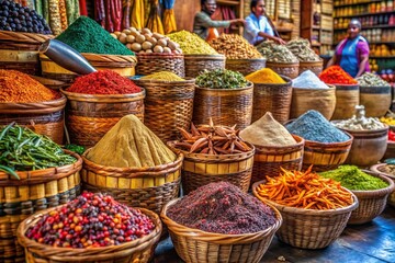 Fototapeta premium Vibrant bundles of exotic spices, colorful woven baskets, and intricately carved wooden utensils create a sensory feast in this bustling Zanzibar market scene.