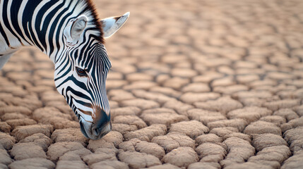 A close-up of a zebra with its distinctive black and white stripes, grazing on dry, cracked earth. 