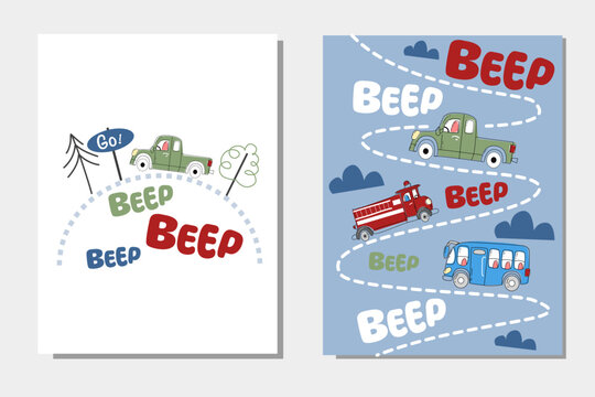 Vector set of cute children birthday card with green car, fire engine and blue bus for boys