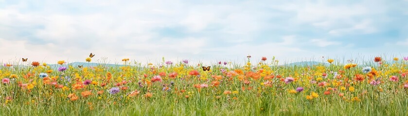 Long shot of a reclaimed meadow, vibrant wildflowers and native grasses, photorealistic, teeming with butterflies and birds, filled with life and color