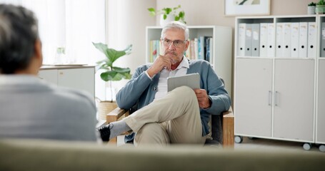 Therapist, client and senior man in office, tablet or diagnosis with connection, digital app or stress. Psychologist, technology or medical with professional, healthcare or depression with treatment