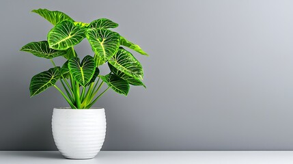 A green plant in a white pot stands against a clean, grey wall.