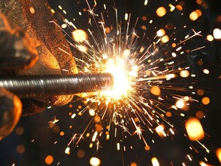 Close-up view of a skilled worker&rsquo;s hands welding metal rods together, with intense sparks flying from the point of contact - ai
