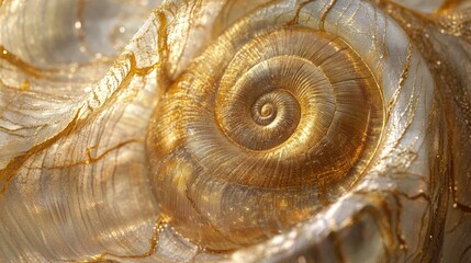 Close-Up of a Golden Spiral Shell with Intricate Patterns and Shimmering Details