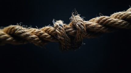 Close-up of a frayed rope, nearly torn apart, each fiber barely holding on, against a stark dark background, highlighting the fragility and tension